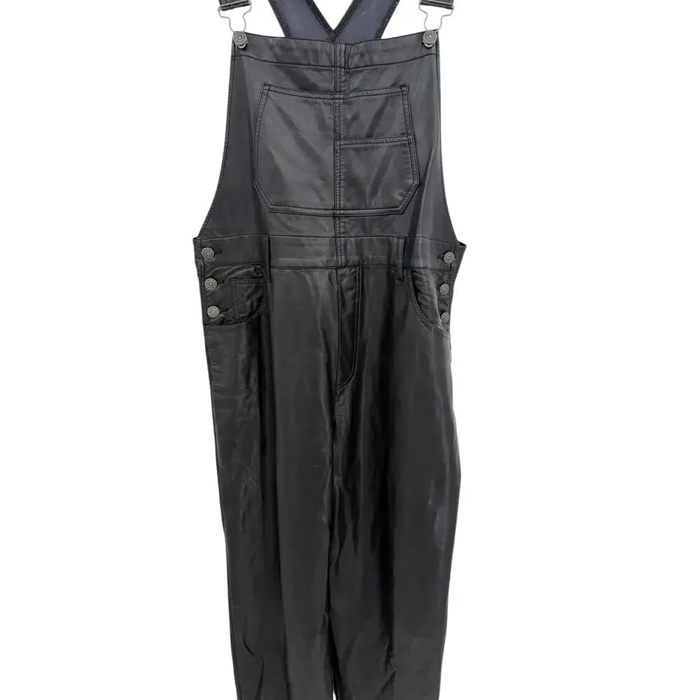 Free People Ziggy Faux Leather‎ Overalls Black Utility Jumpsuit Size Large